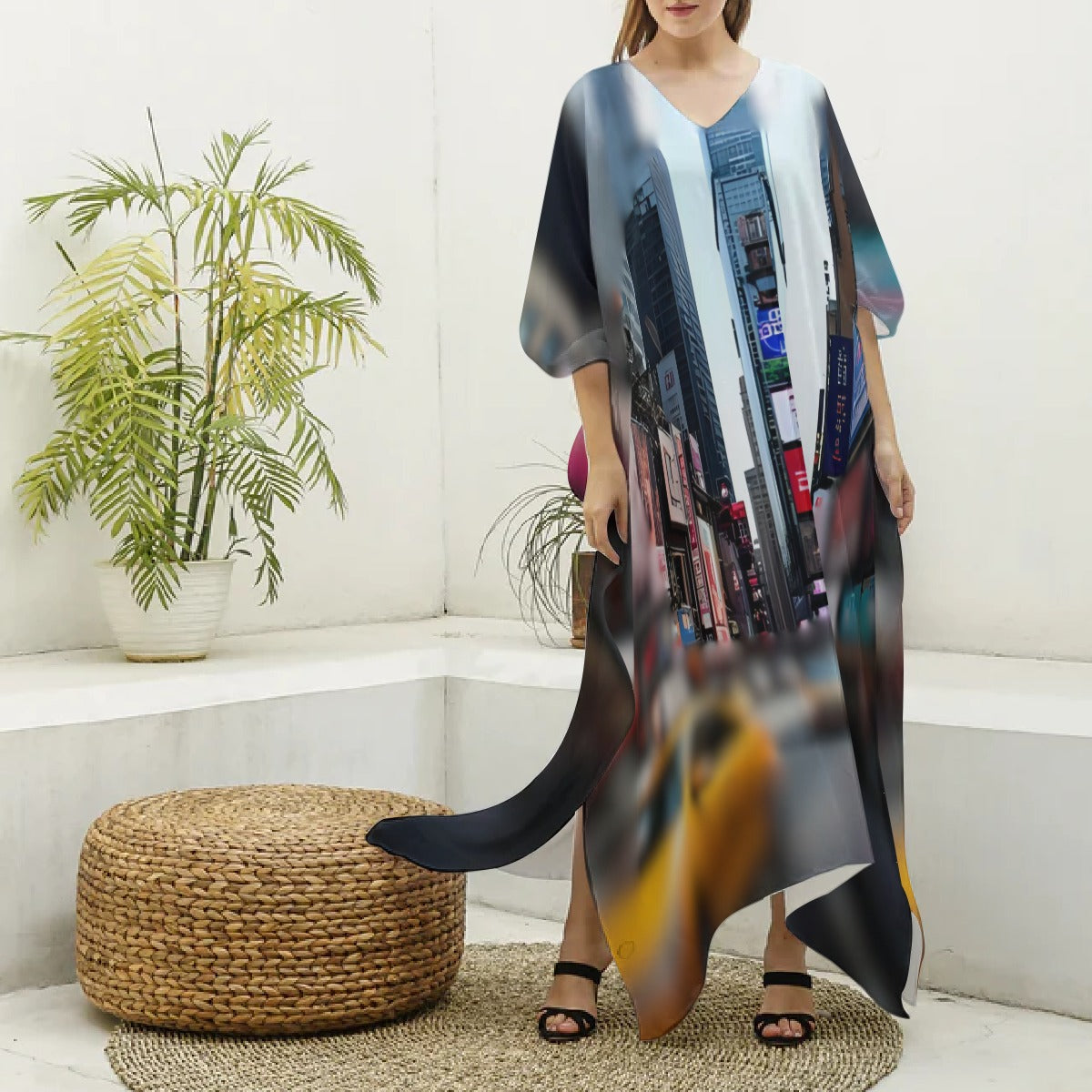 Kaftan, V-neck Cityscape Blue/Red/White Design