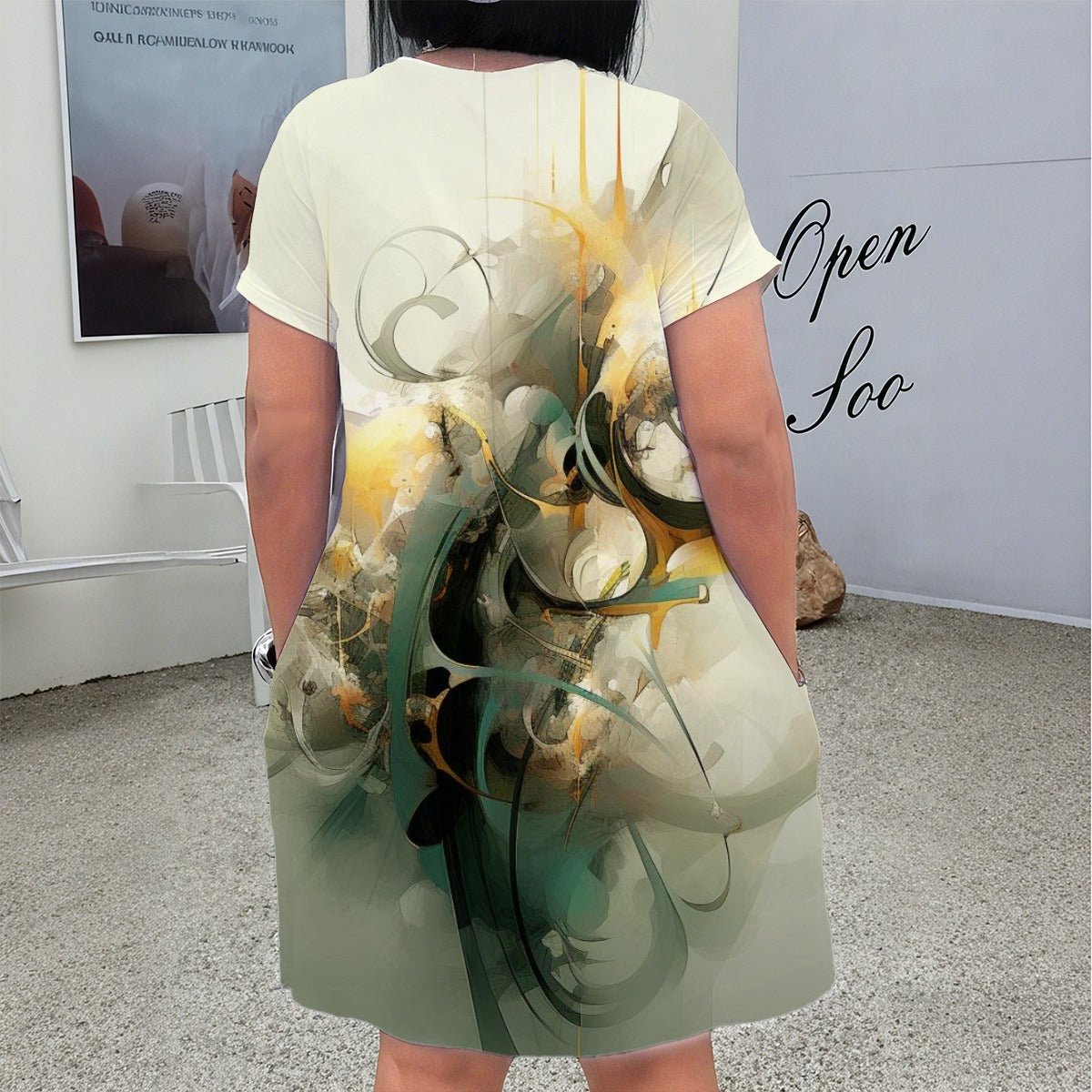 Ladies Pocket Dress, V-Neck Short Sleeve Plus Size Vibrant Abstract