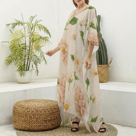 Kaftan, Tan with Soft Pink Floral Designs