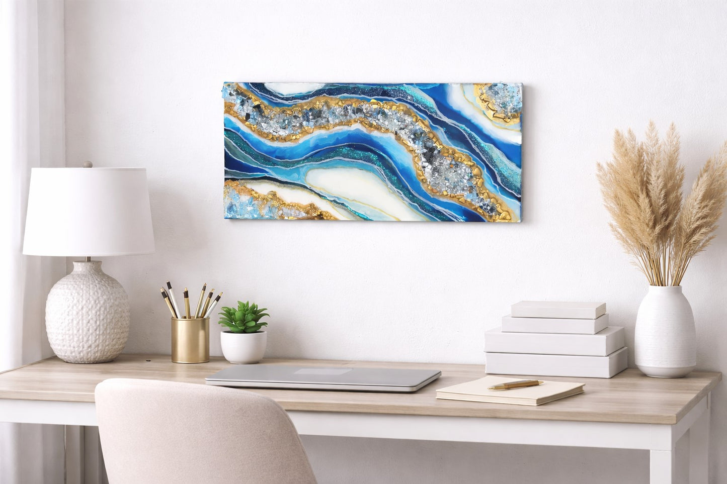 Blue Turquoise Geode Resin Wall Art – 20 x 10 Inches