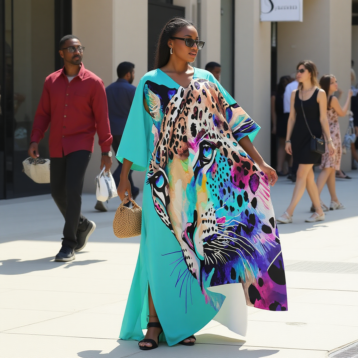 Kaftan – Turquoise, Colorful Leopard Print, V-neck Kaftan