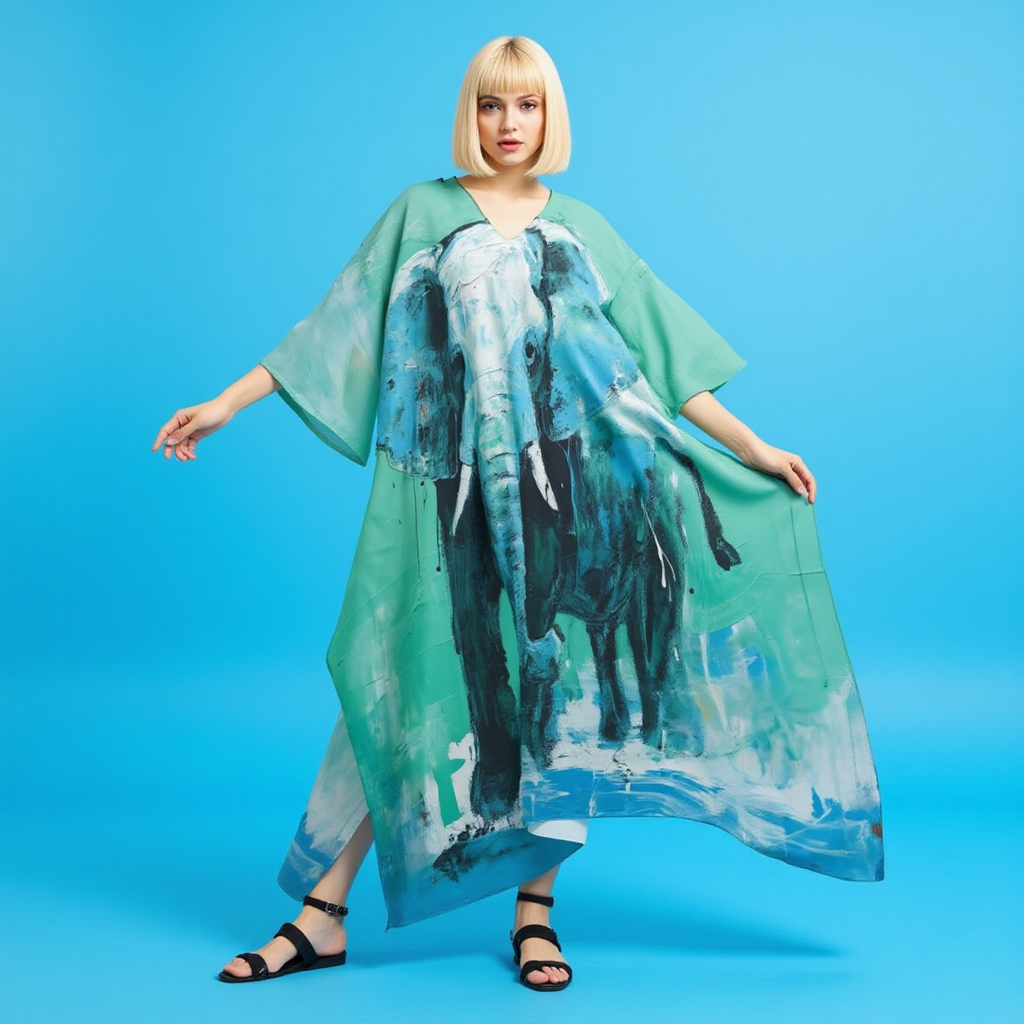 Kaftan, Teal Women's V-neck, Majestic Animal Print