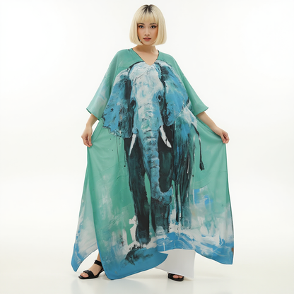 Kaftan, Teal Women's V-neck, Majestic Animal Print