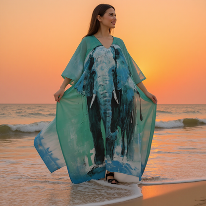 Kaftan, Teal Women's V-neck, Majestic Animal Print