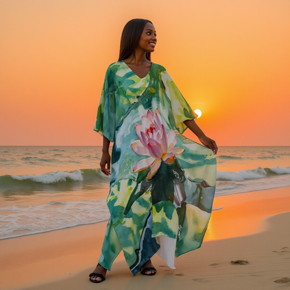 Kaftan, Pink/Teal Lotus Flower – Light, Elegant & Year-Round Ready