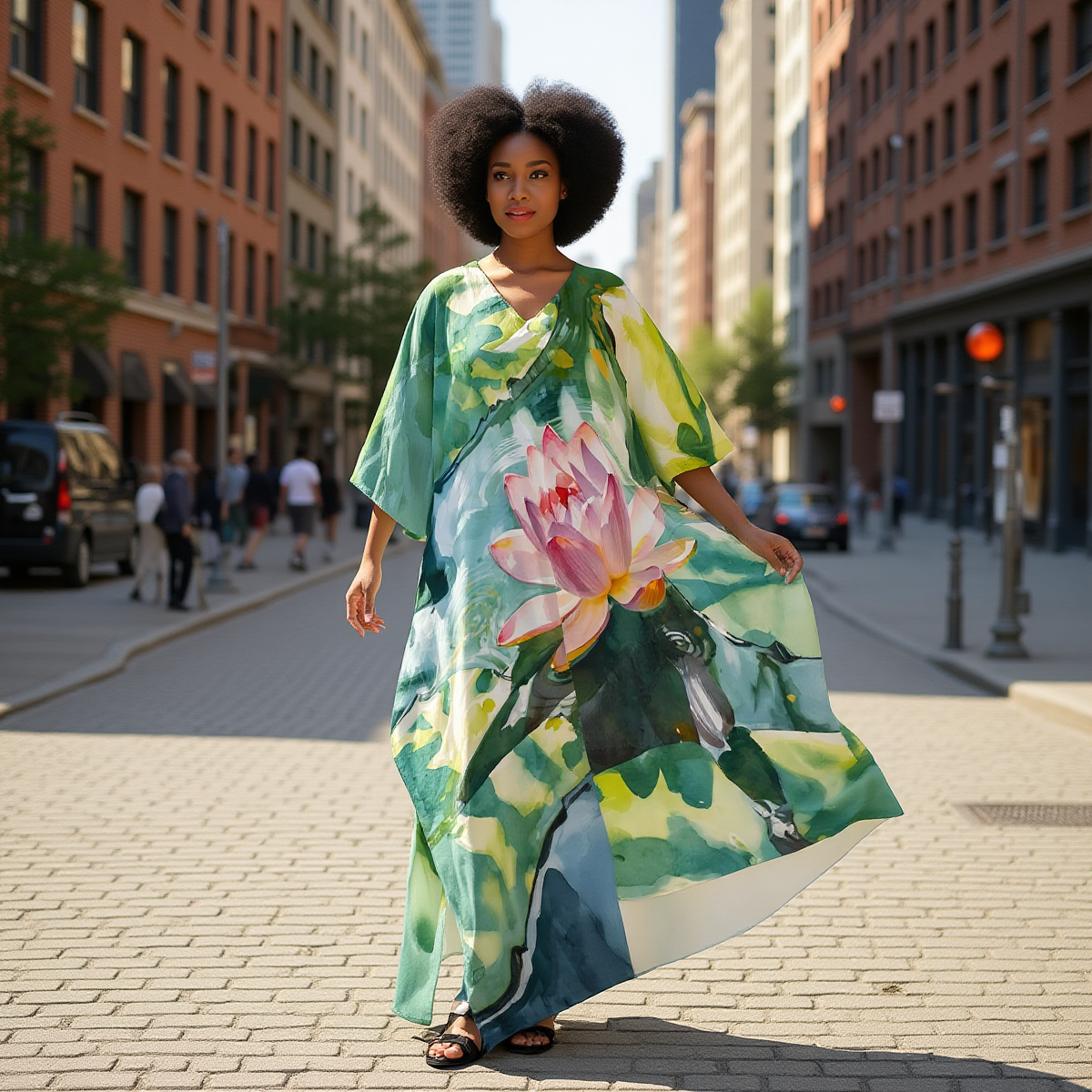 Kaftan, Pink/Teal Lotus Flower – Light, Elegant & Year-Round Ready