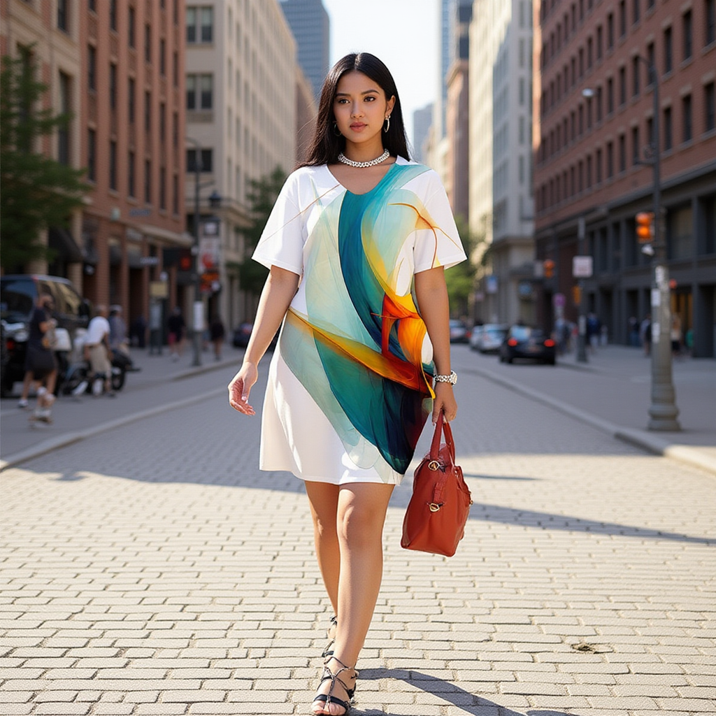 Women's Artistic Abstract V Neck Short Sleeve Dress|Plus Size