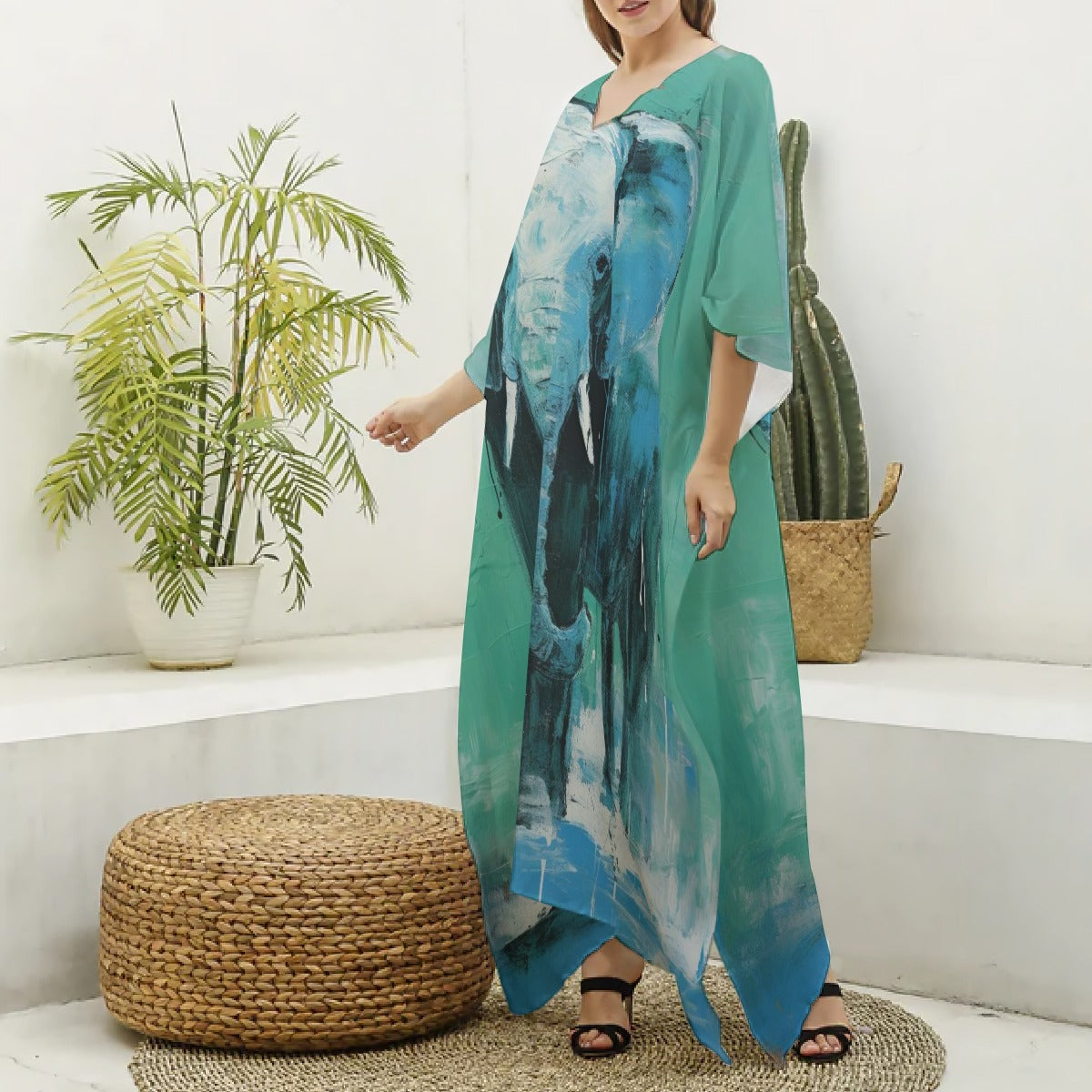 Kaftan, Teal Women's V-neck, Majestic Animal Print