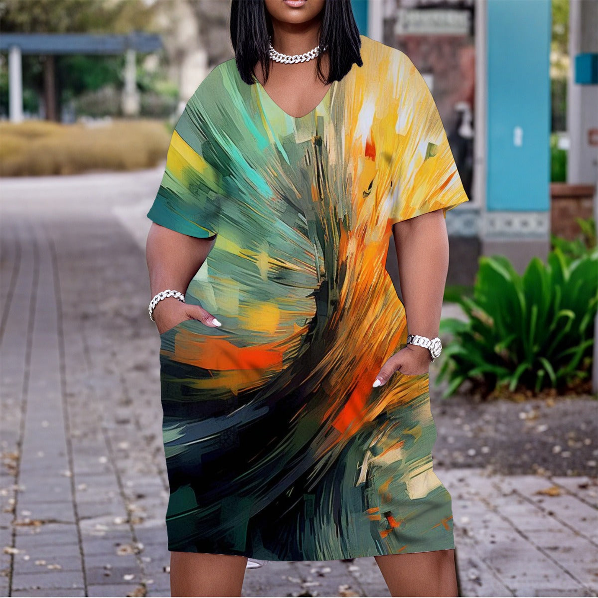 Women's Color of Abundance V-Neck Short Sleeve Dress|Plus Size