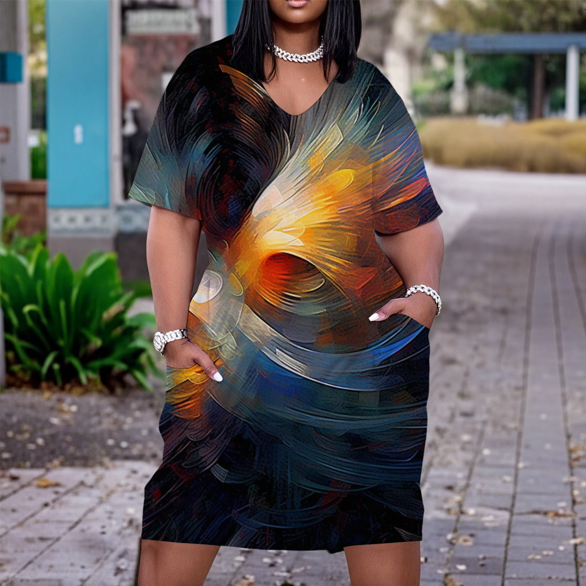 Women's Strike Of Color Abstract V-Neck Short Sleeve Dress|Plus Size