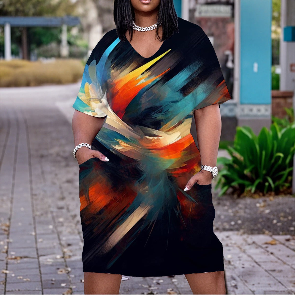 Womens Multicolor Abstract Black V-Neck Short Dress