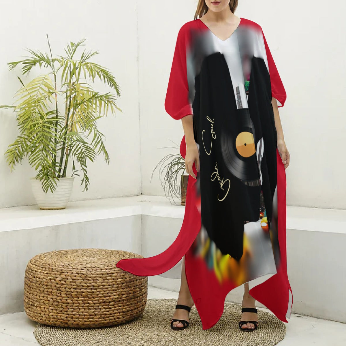 Kaftan – Red & Black Urban Jazzy Cityscape, V-neck Kaftan