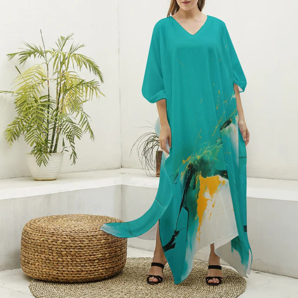 Kimono- V-neck, Turquoise, with Black/White/Gold Accents