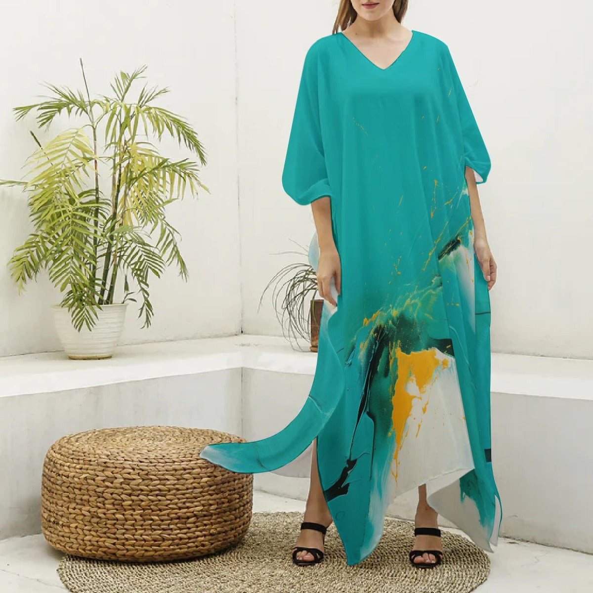 Kimono- V-neck, Turquoise, with Black/White/Gold Accents
