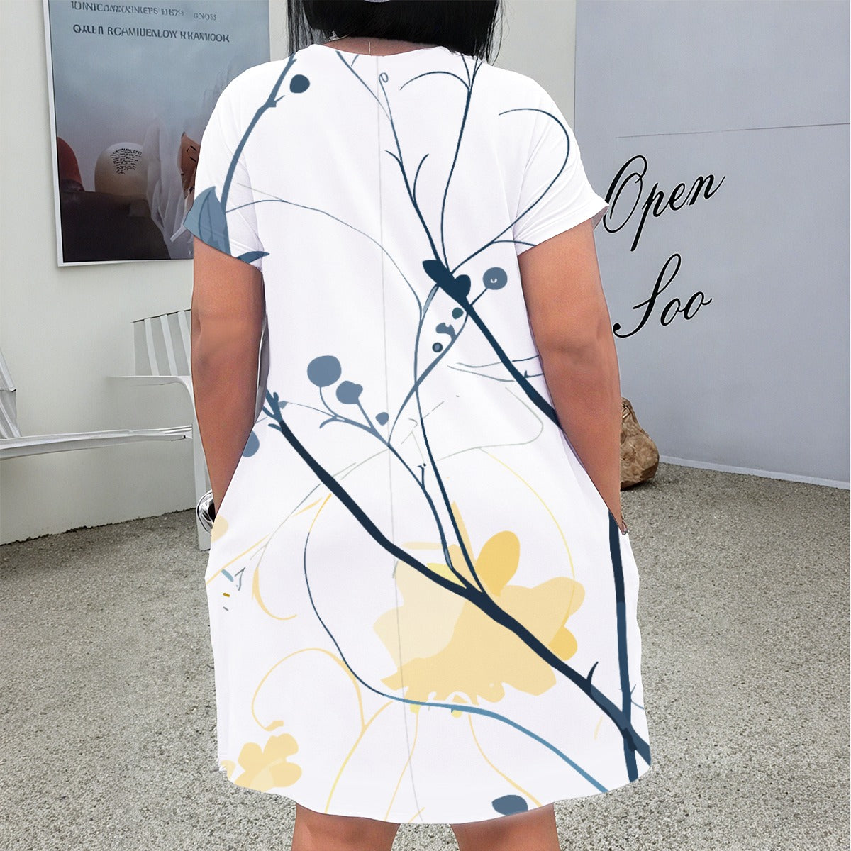 Women's Modern Minimalist floral Design, Short Sleeve V-Neck Dress