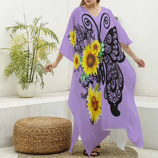 Kaftan For Women - Lightweight V-Neck, Butterfly -Sunflower - Purple/Black