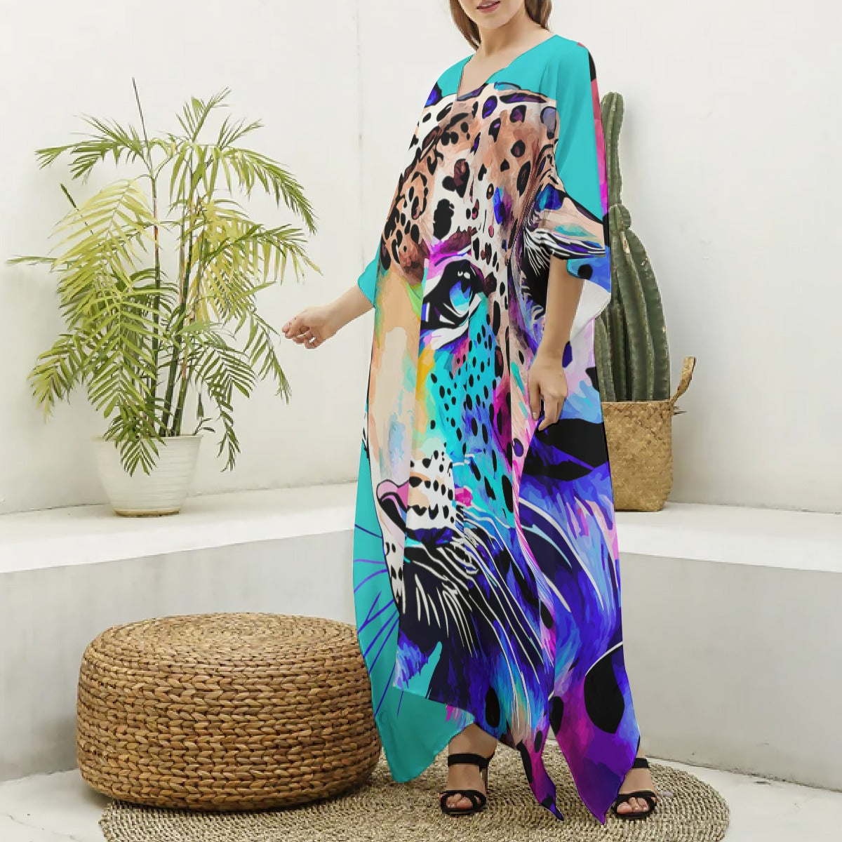 Kaftan – Turquoise, Colorful Leopard Print, V-neck Kaftan