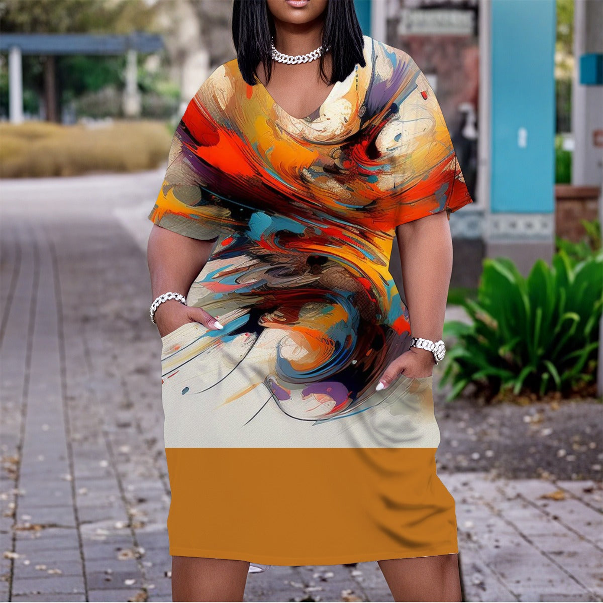 Women's Abstract Harmony V-Neck Short Sleeve Dress|Plus Size