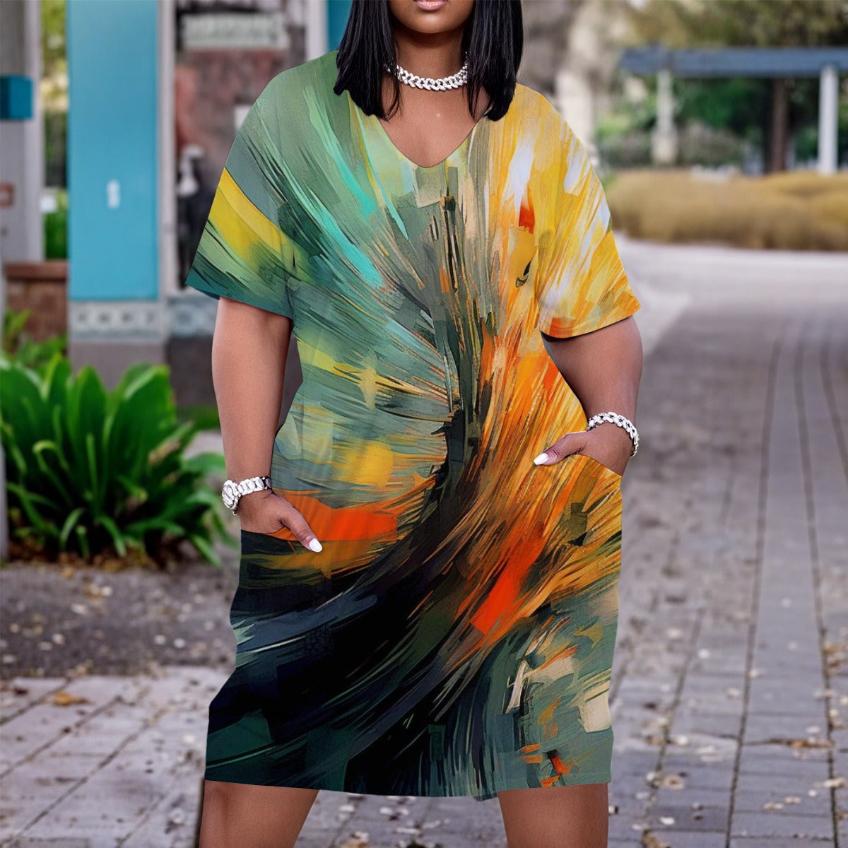 Women's Color of Abundance V-Neck Short Sleeve Dress|Plus Size