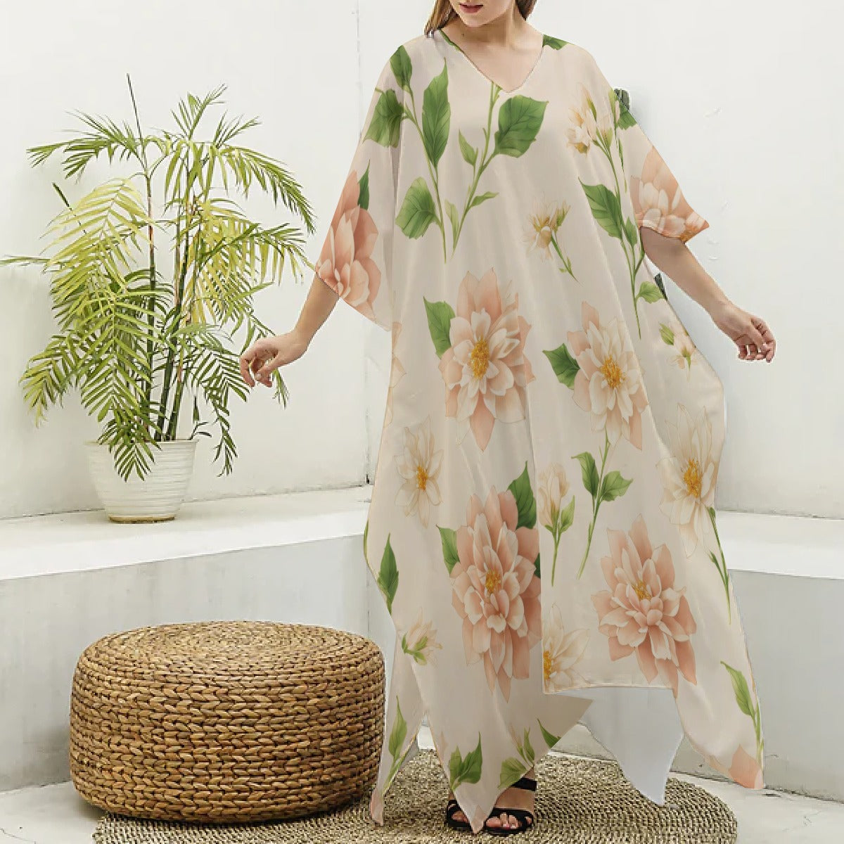 Kaftan, Tan with Soft Pink Floral Designs