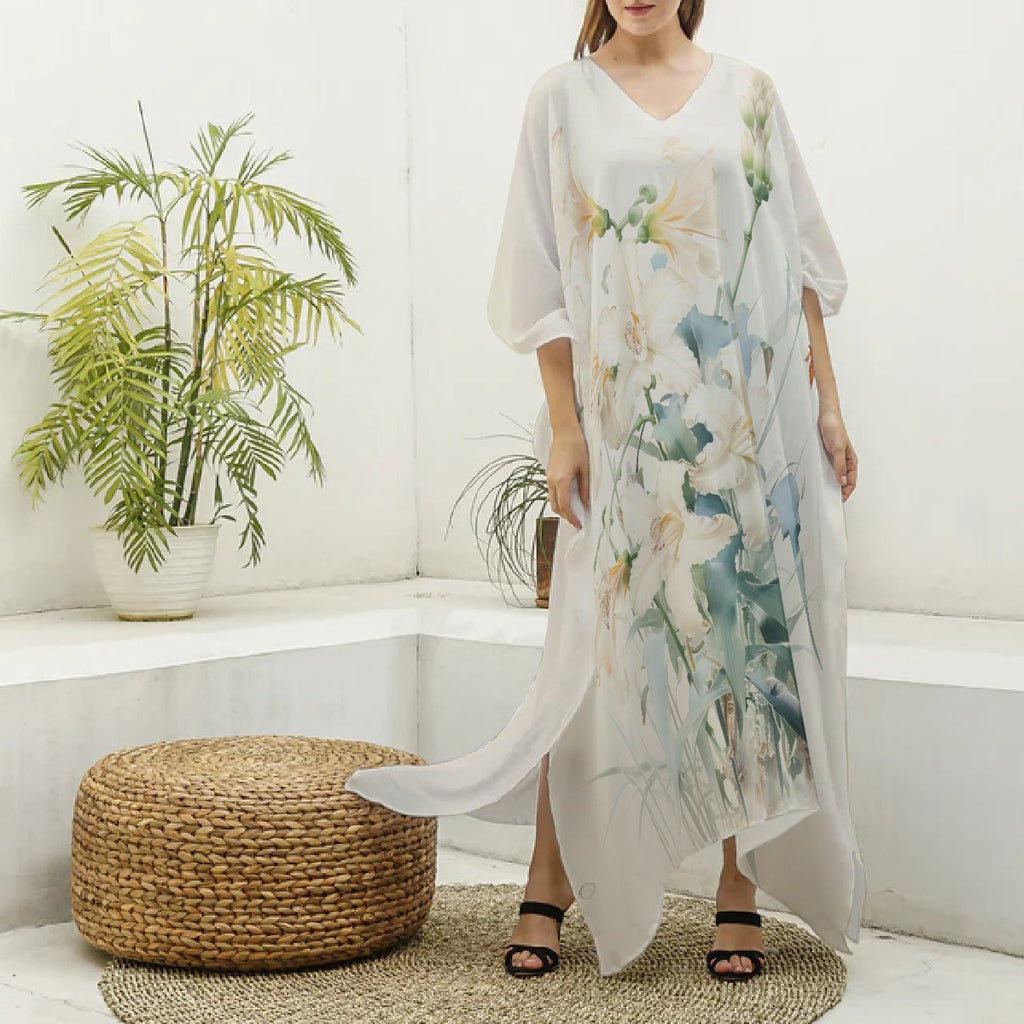 Kaftans, Women's  White/Light Blue Botanical V-Neck Kaftan