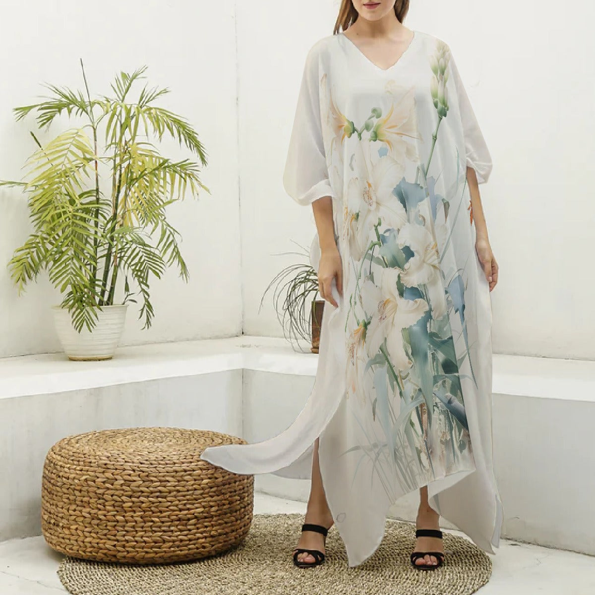 Kaftans, Women's  White/Light Blue Botanical V-Neck Kaftan