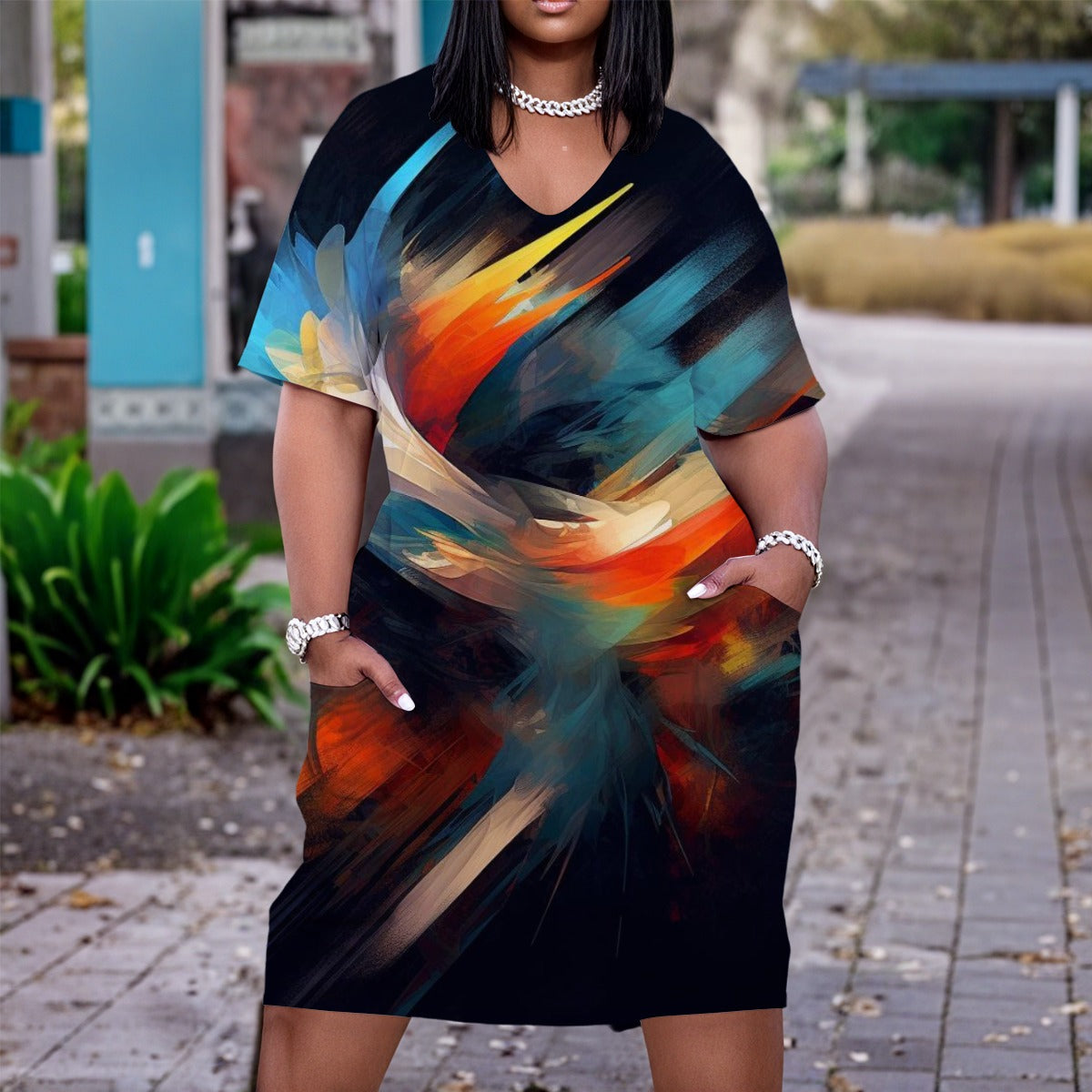 Womens Multicolor Abstract Black V-Neck Short Dress