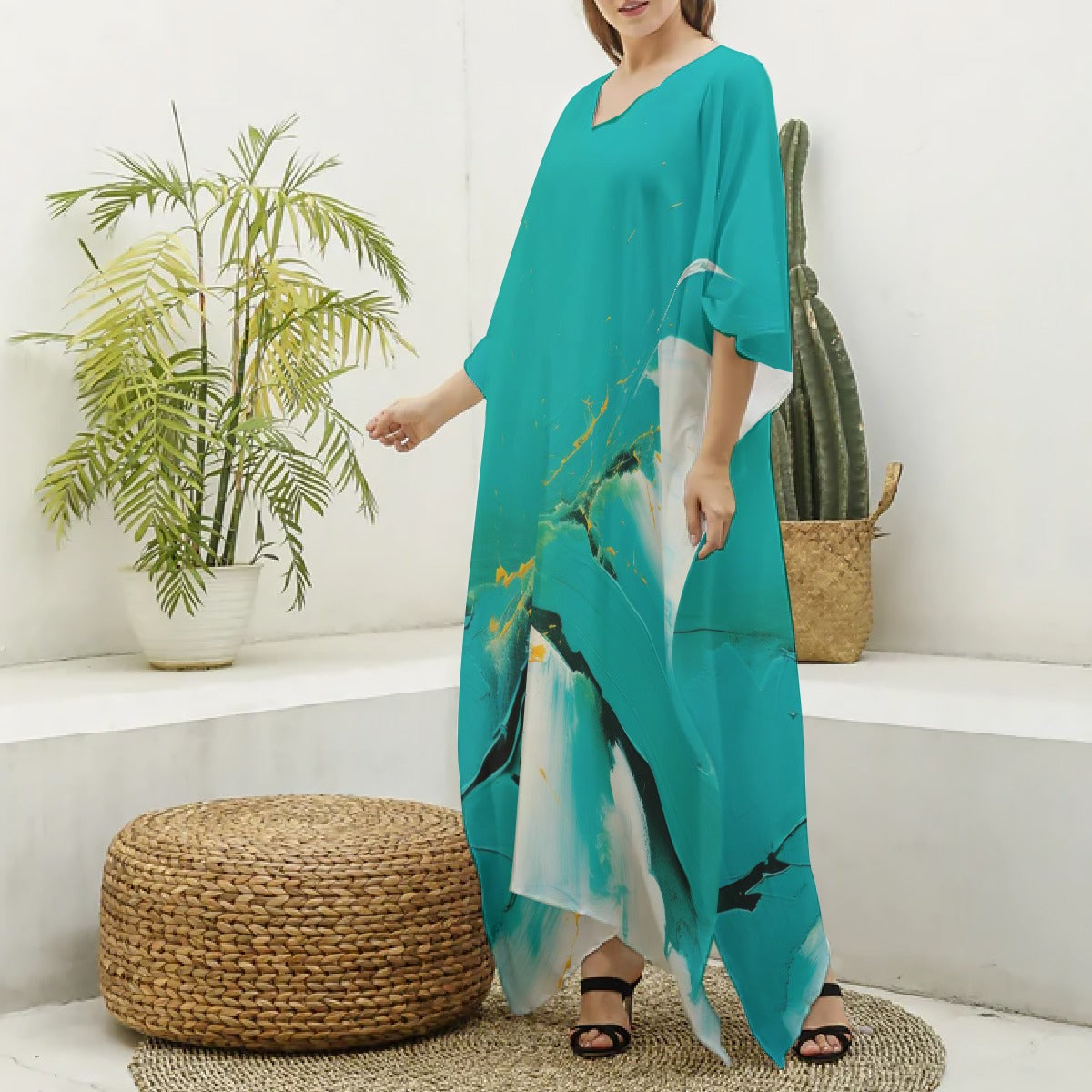 Kimono- V-neck, Turquoise, with Black/White/Gold Accents