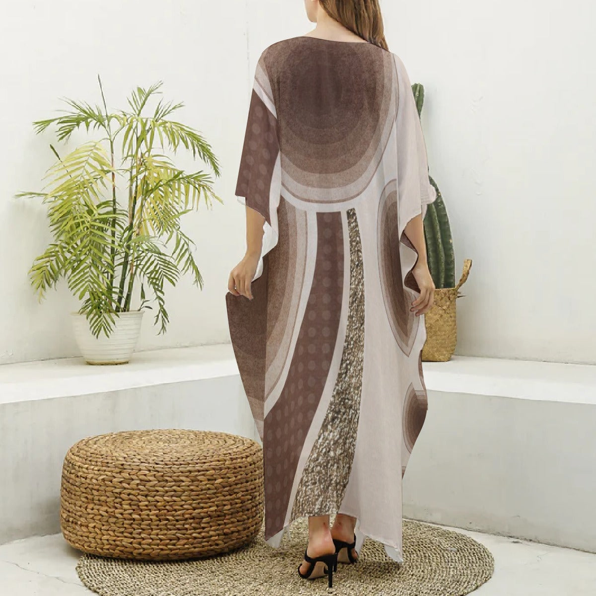 Kaftans,Women's Minimalist Brown V-Neck Kaftan Cover-Up