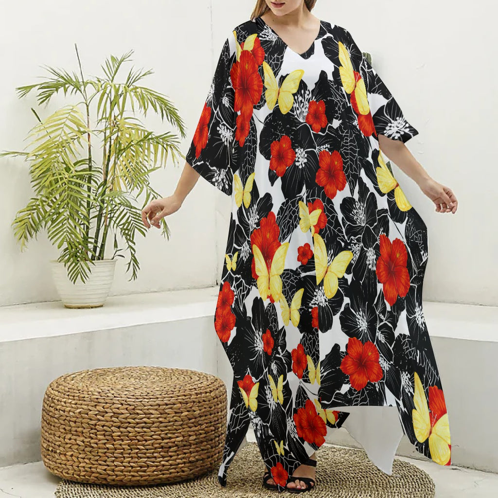 Floral Kaftan – Poppies & Butterflies V-neck Kaftan Robe