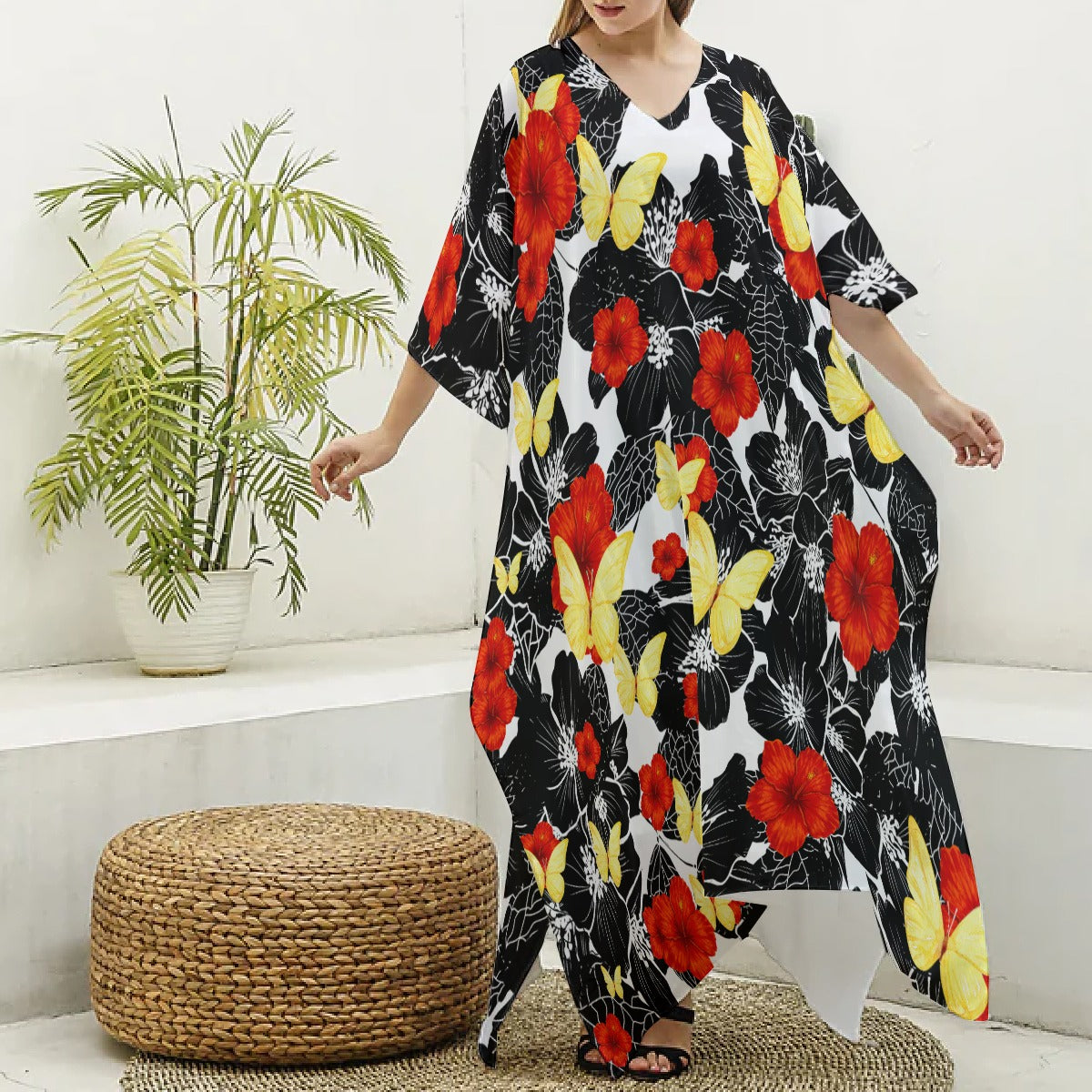 Floral Kaftan – Poppies & Butterflies V-neck Kaftan Robe