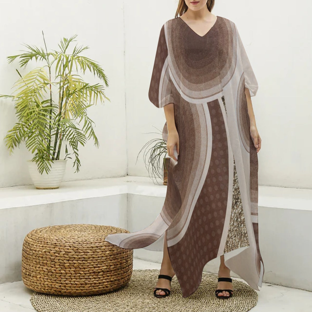 Kaftans,Women's Minimalist Brown V-Neck Kaftan Cover-Up
