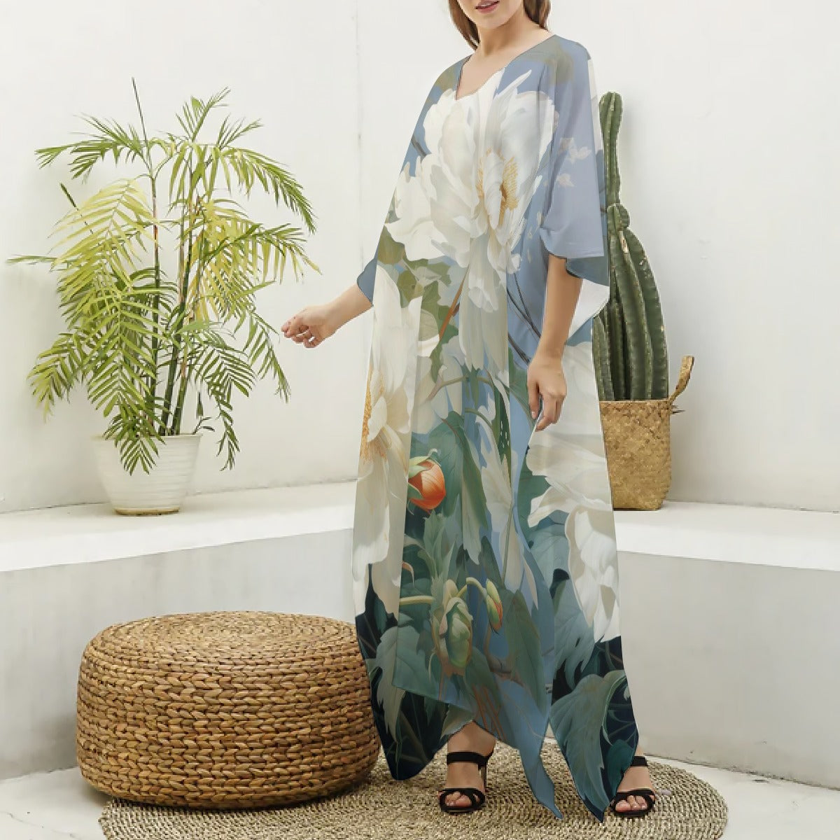 Kaftans, Women's Blue & White Floral V-Neck Kaftan