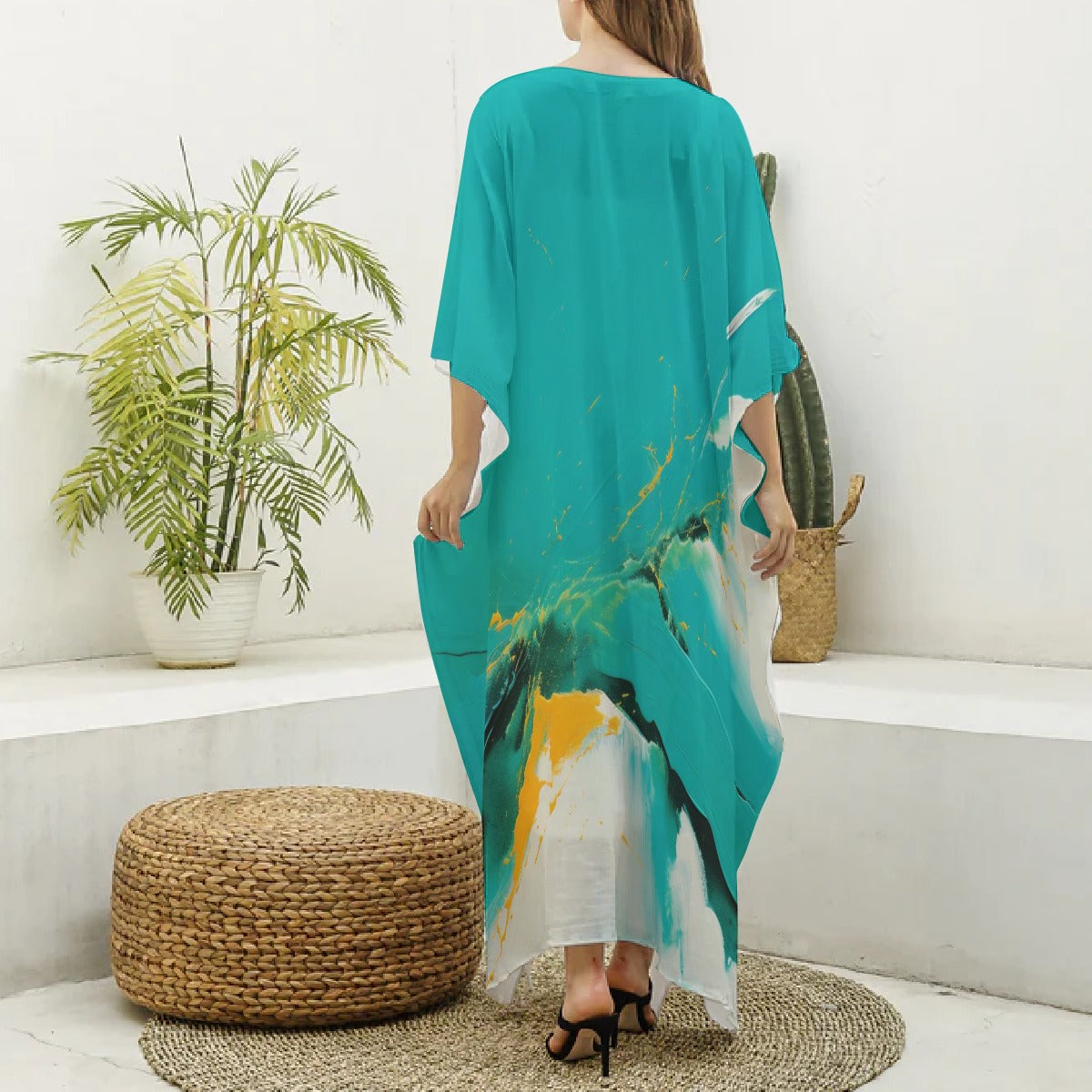 Kimono- V-neck, Turquoise, with Black/White/Gold Accents