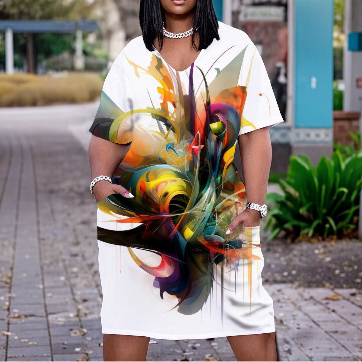 Women'S Multicolor Abstract V-Neck Short Sleeve Dress Bold Abstract
