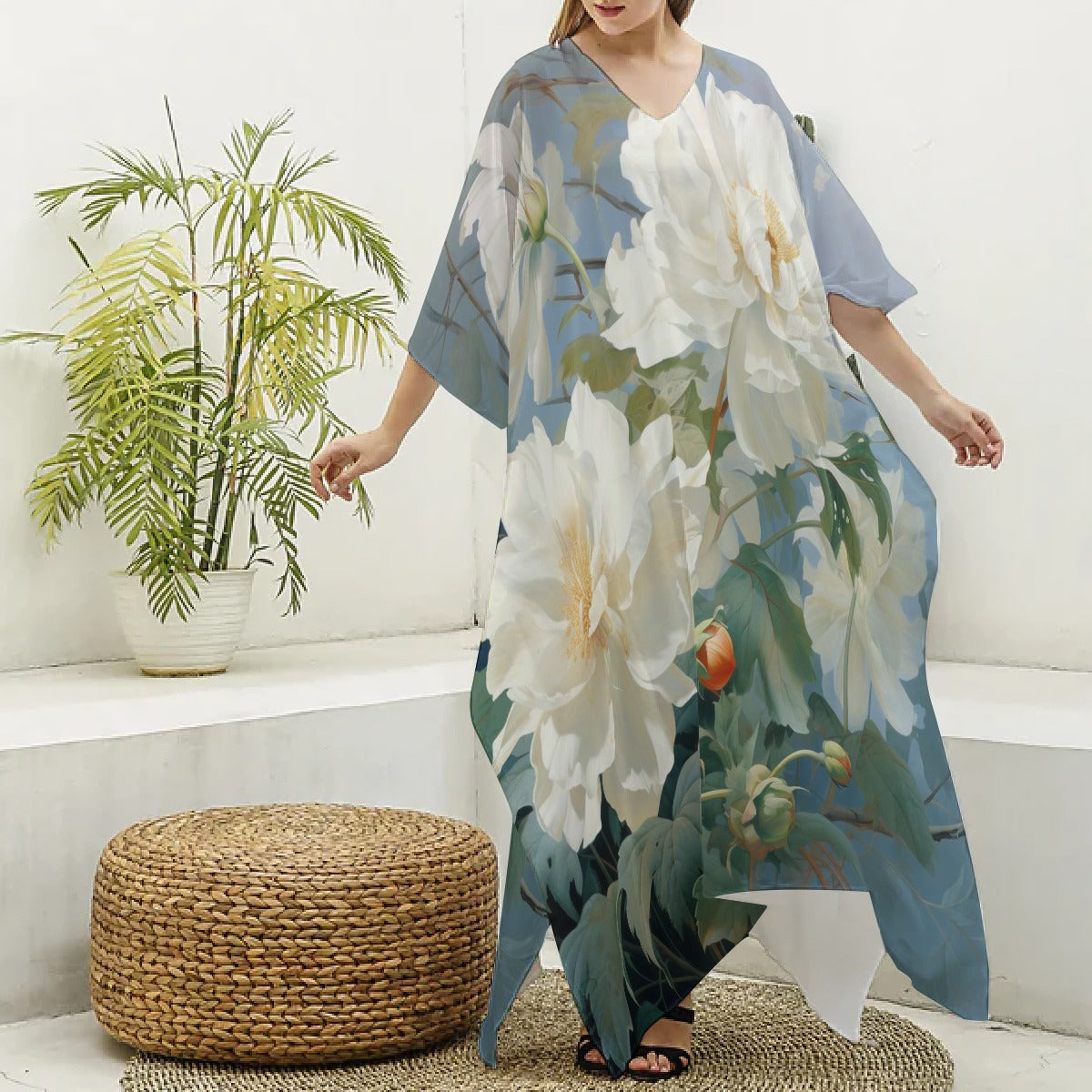 Kaftans, Women's Blue & White Floral V-Neck Kaftan