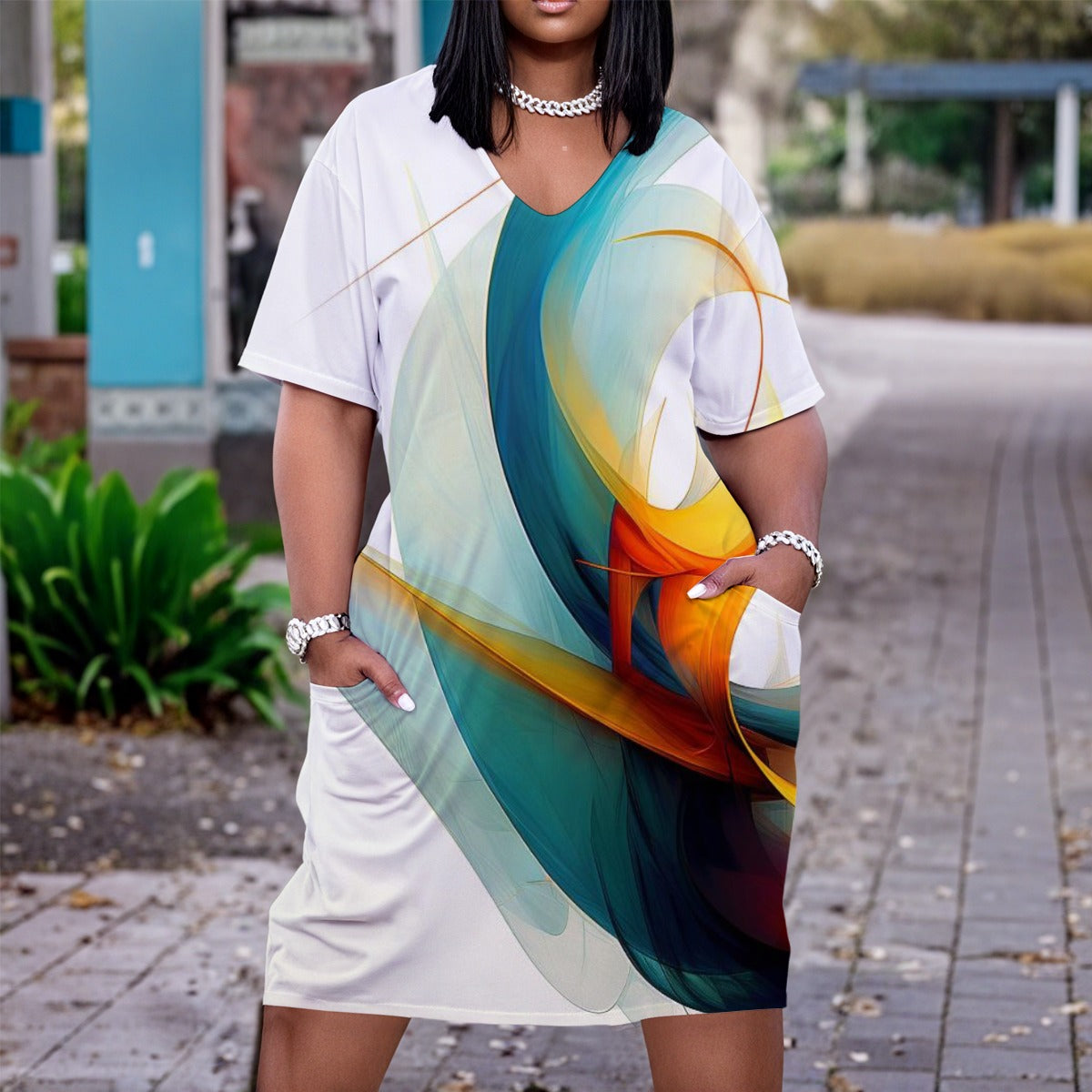 Women's Artistic Abstract V Neck Short Sleeve Dress|Plus Size