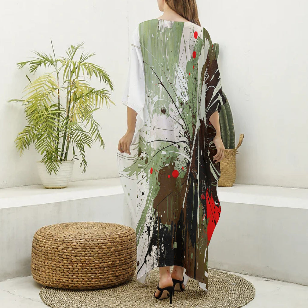 Kaftan, Women's Vibrant Green Multicolor Abstract Kaftan Dress