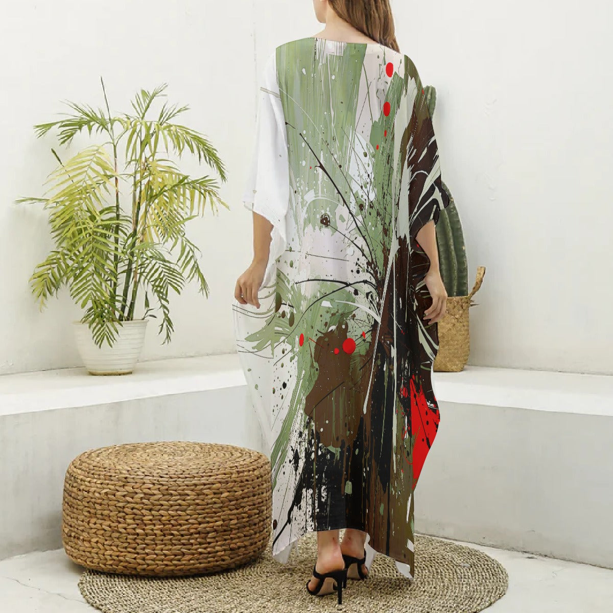 Kaftan, Women's Vibrant Green Multicolor Abstract Kaftan Dress