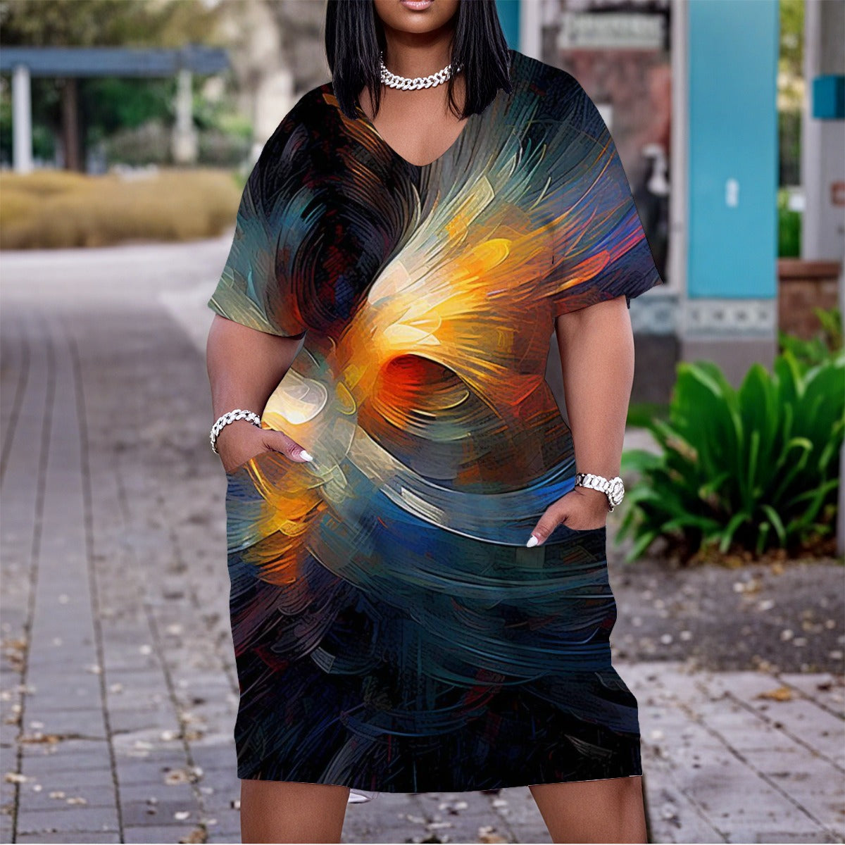 Women's Strike Of Color Abstract V-Neck Short Sleeve Dress|Plus Size