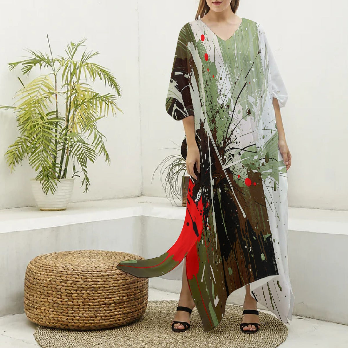 Kaftan, Women's Vibrant Green Multicolor Abstract Kaftan Dress
