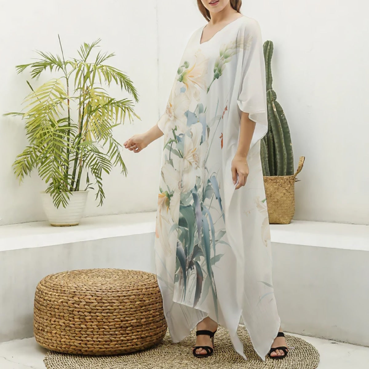 Kaftans, Women's  White/Light Blue Botanical V-Neck Kaftan