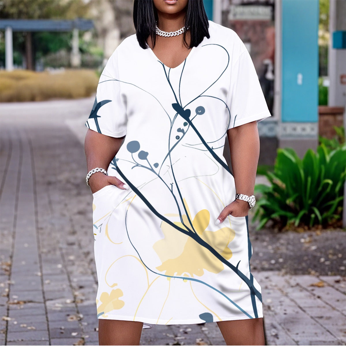 Women's Modern Minimalist floral Design, Short Sleeve V-Neck Dress