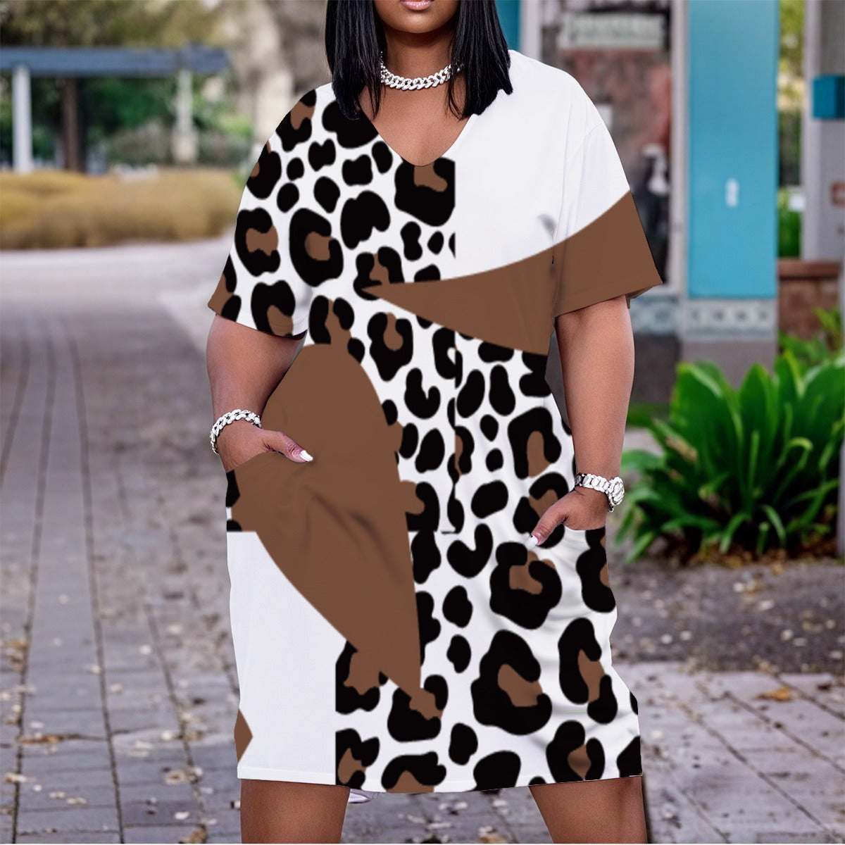 Women's Leopard Black & White Dress with Solid Brown Design & Pockets