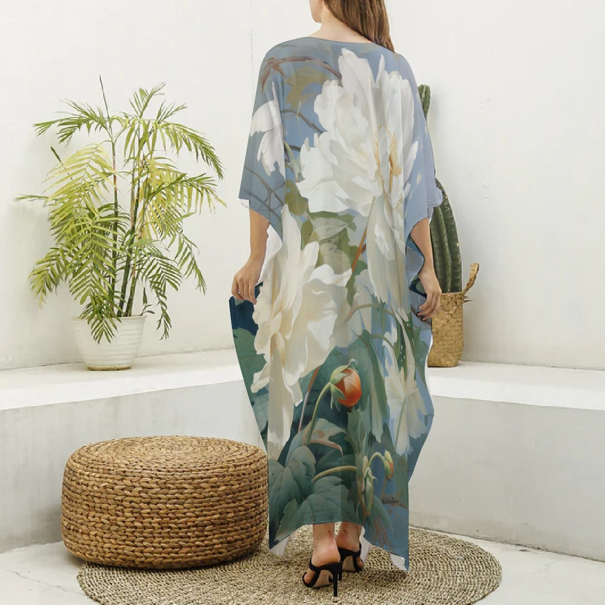 Kaftans, Women's Blue & White Floral V-Neck Kaftan