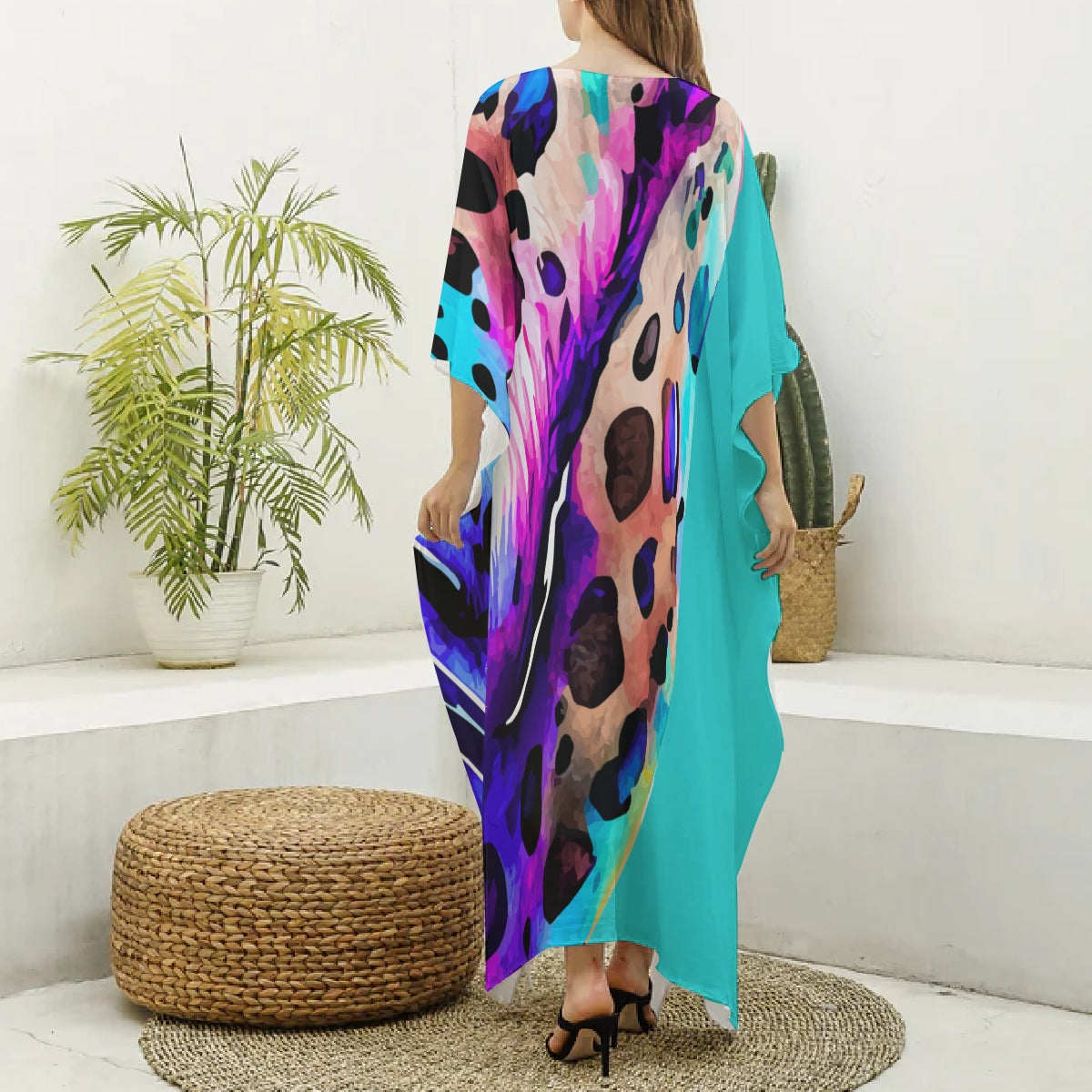 Kaftan – Turquoise, Colorful Leopard Print, V-neck Kaftan
