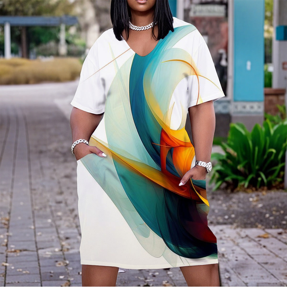 Women's Artistic Abstract V Neck Short Sleeve Dress|Plus Size