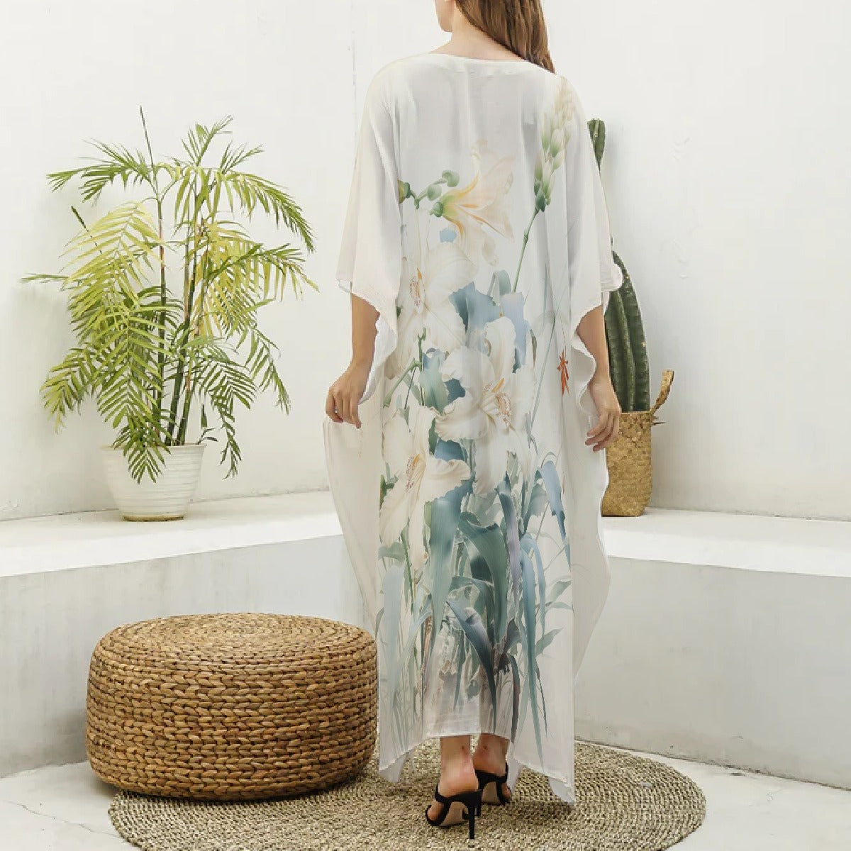 Kaftans, Women's  White/Light Blue Botanical V-Neck Kaftan