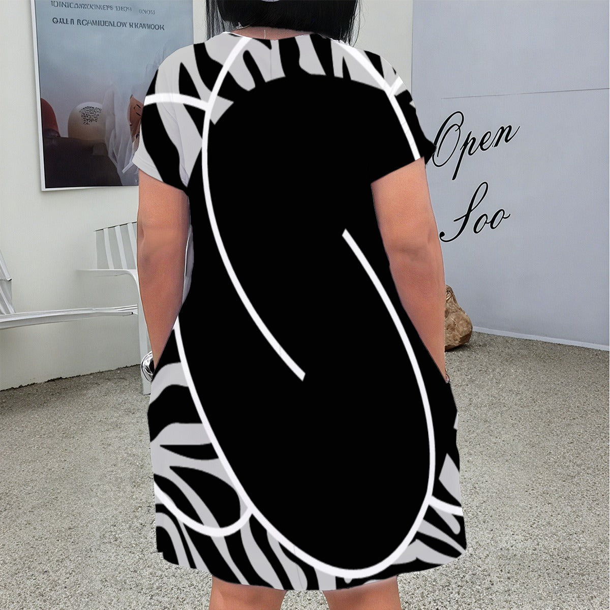 Women's Zebra Print V-Neck Dress with Solid Black Center, Line Art & Pockets