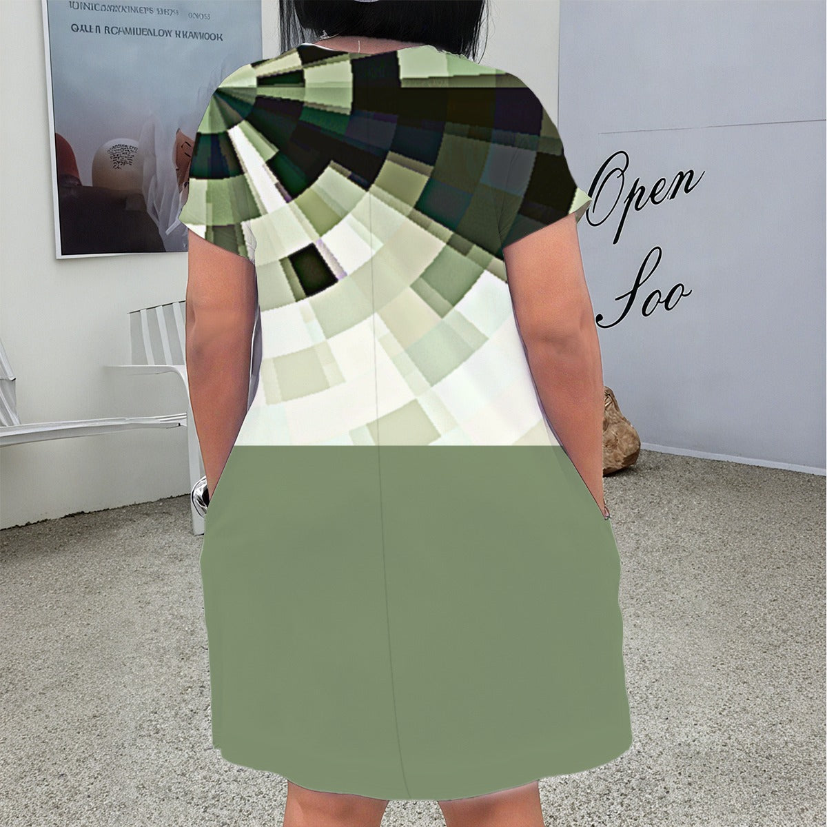 Women’s 3D Green Modern Design V-Neck Short Sleeve Dress.